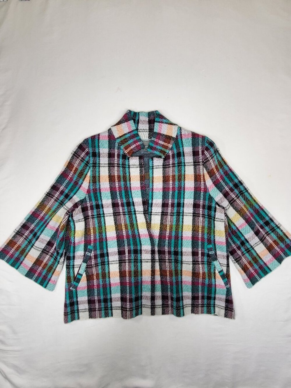 Anthropologie Plaid Open Front Knit Jacket Cardigan Snap Closure Medium